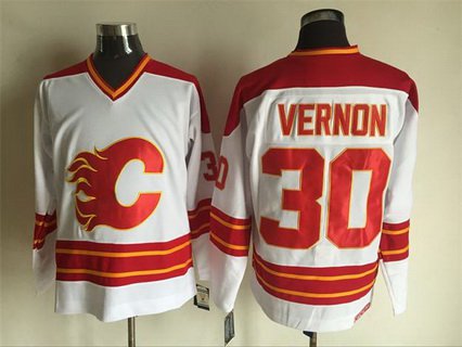 Men's Calgary Flames #30 Mike Vernon 1980-81 White CCM Vintage Throwback Jersey