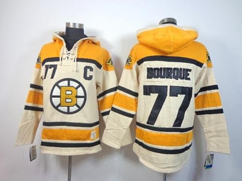 Men's Boston Bruins #77 Ray Bourque Cream Sawyer Hooded Sweatshirt Stitched Hoodie Jersey